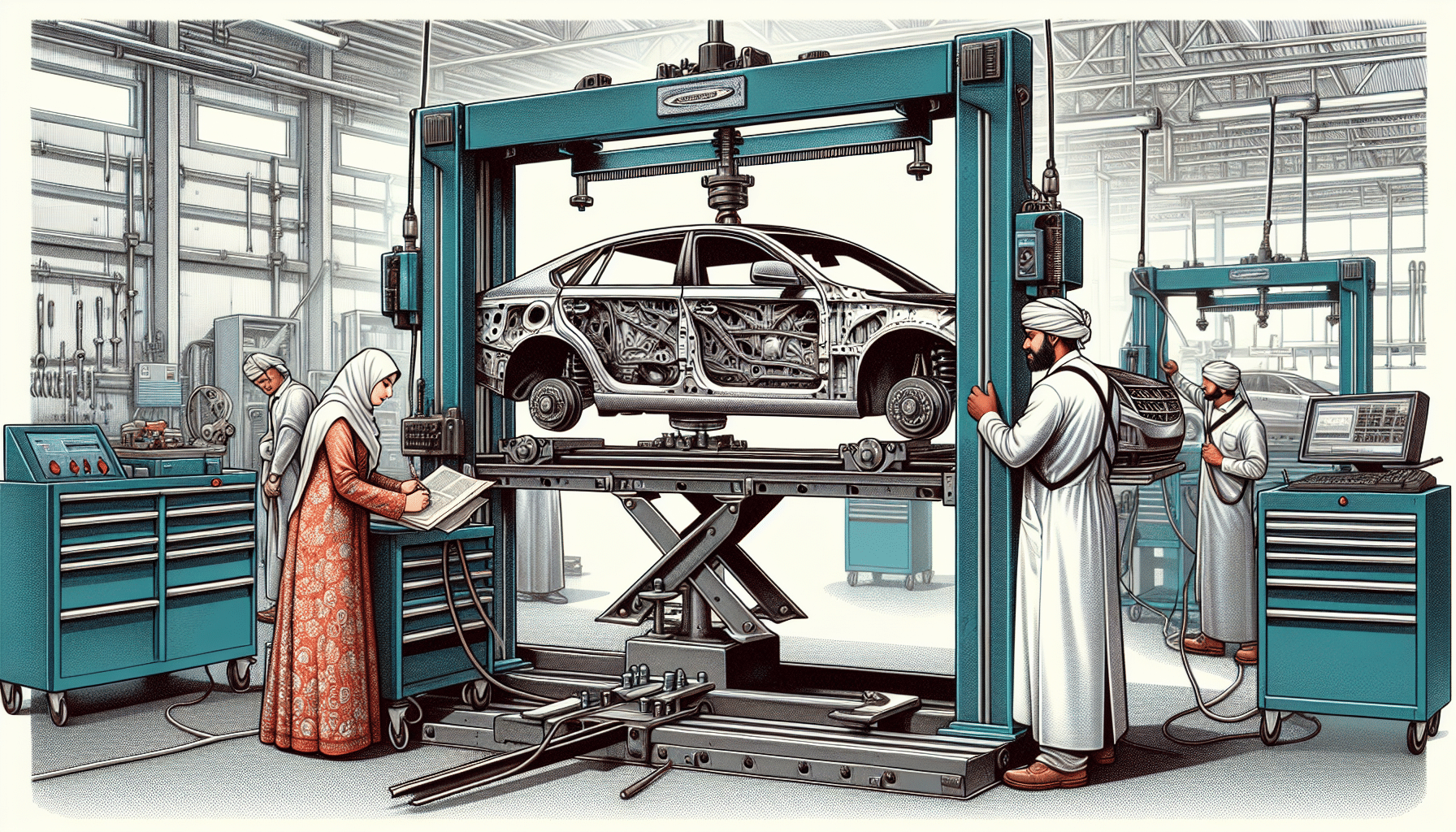 Frame straightening equipment in use