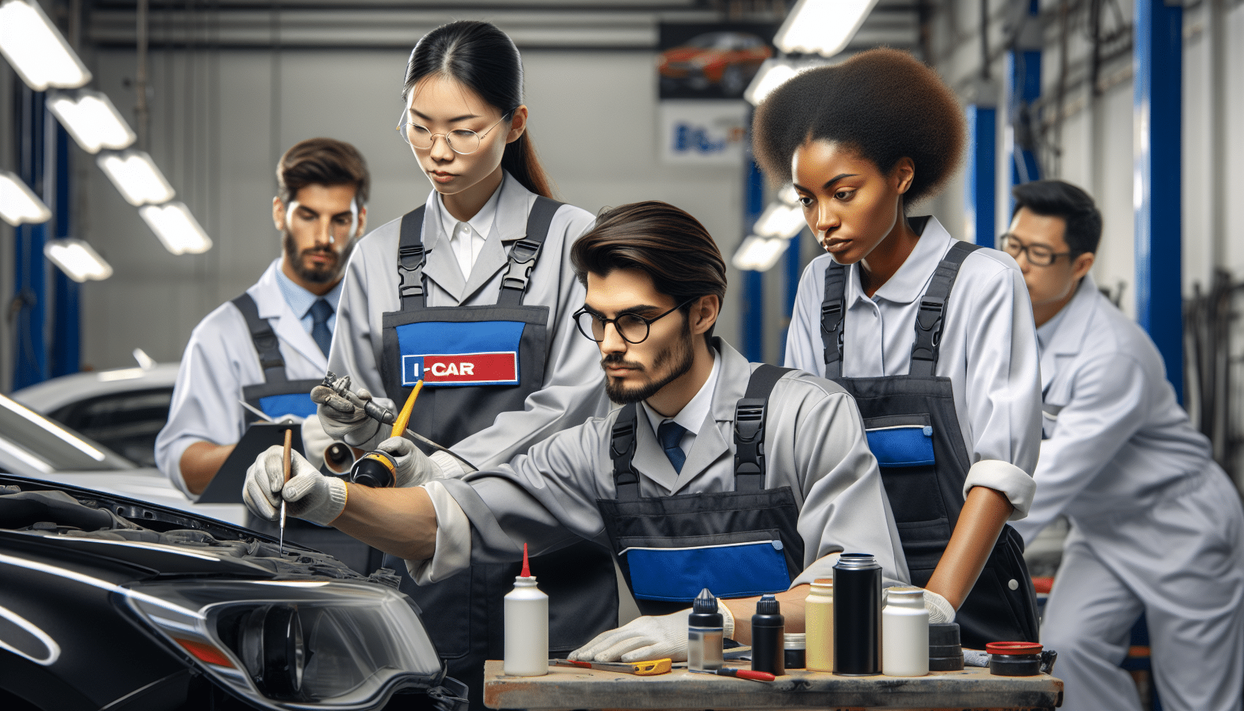 Certified technicians working on a car